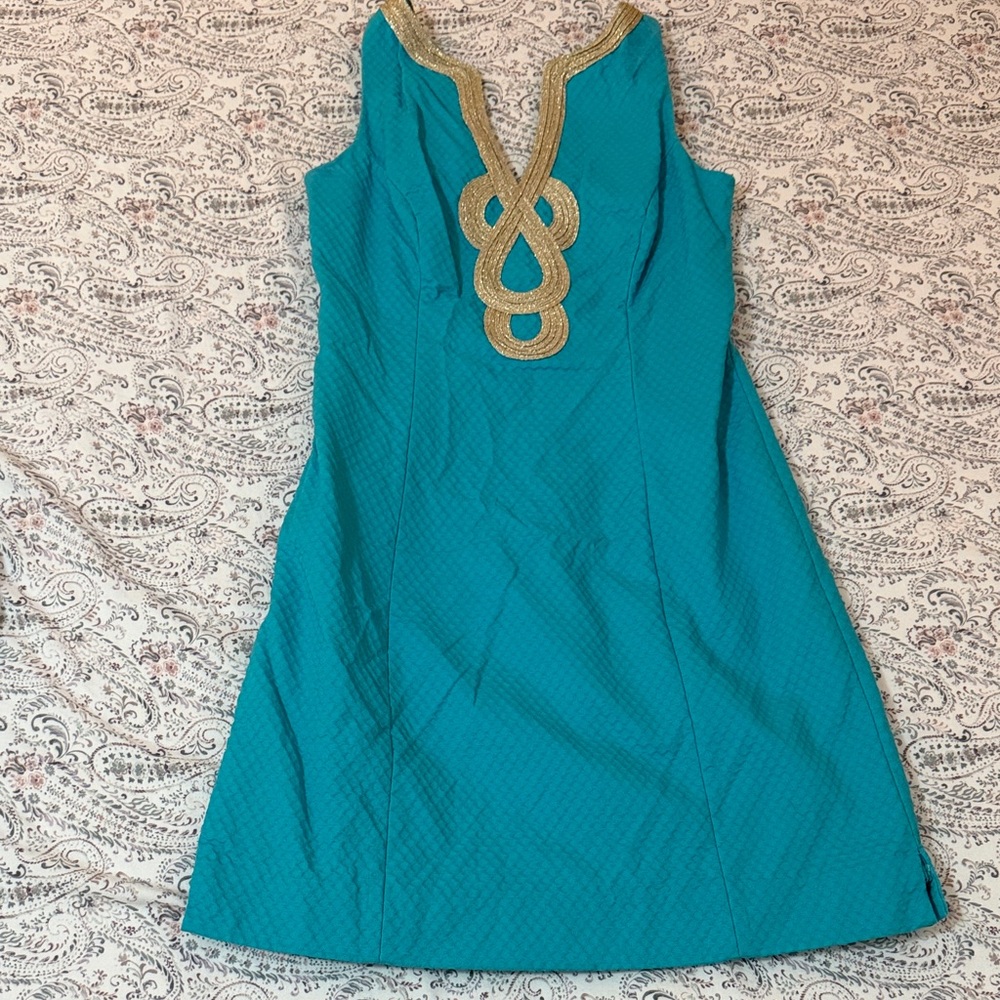 Lilly Pulitzer Teal Sleeveless Dress with Gold Trim